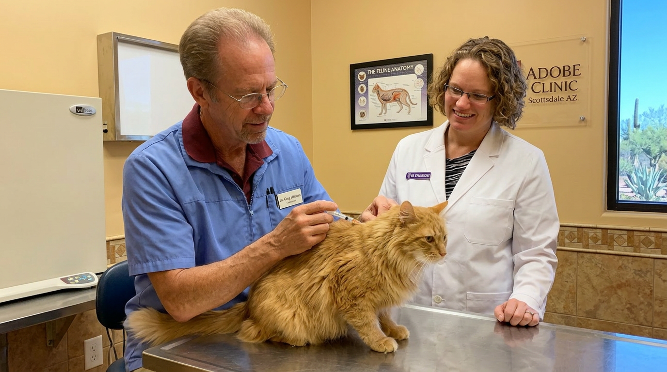 Cat getting shots at Adobe Vet in Scottsdale