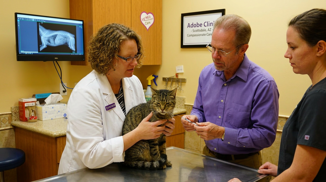 Cat in pain receiving care at Adobe Vet in Scottsdale