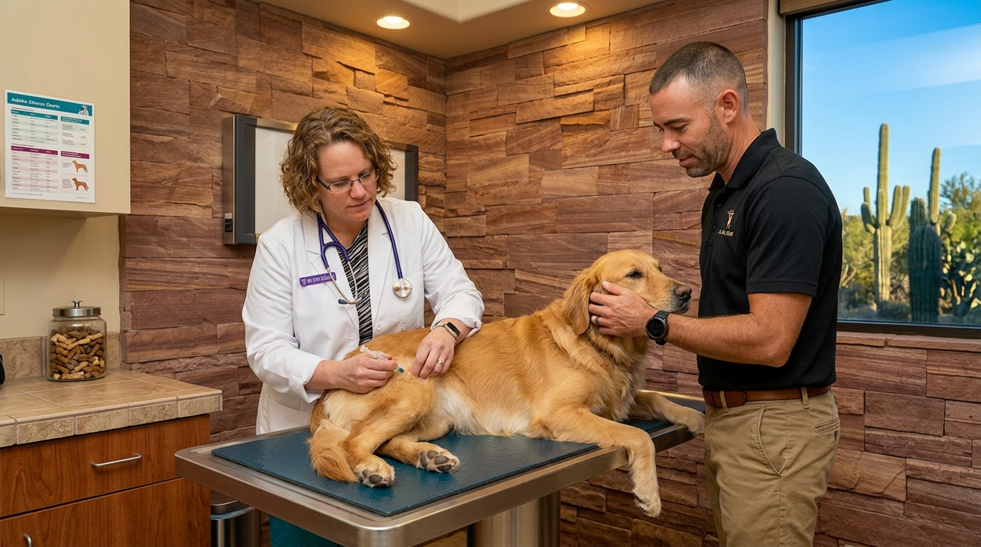 Dog getting shots at Adobe Vet in Scottsdale