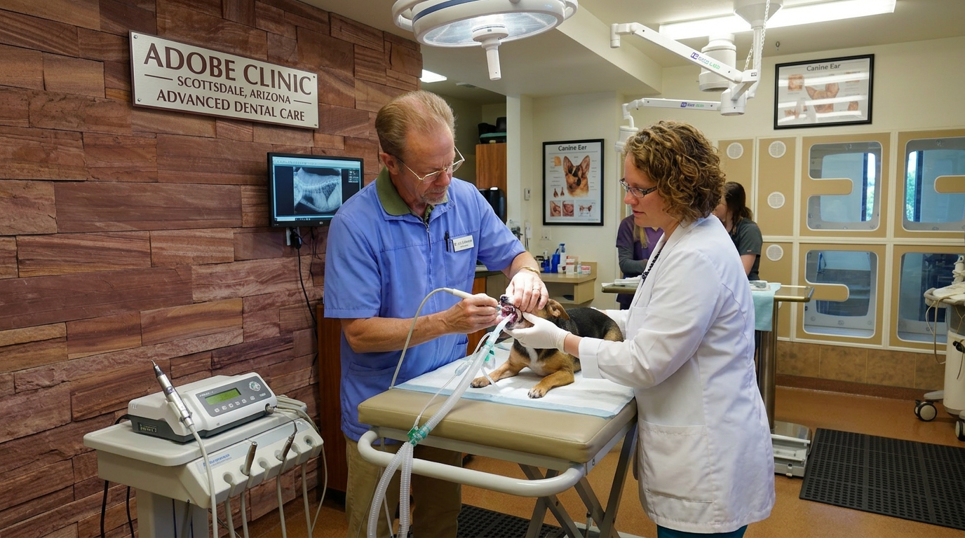 Dog getting teeth cleaned at Adobe Vet in Scottsdale