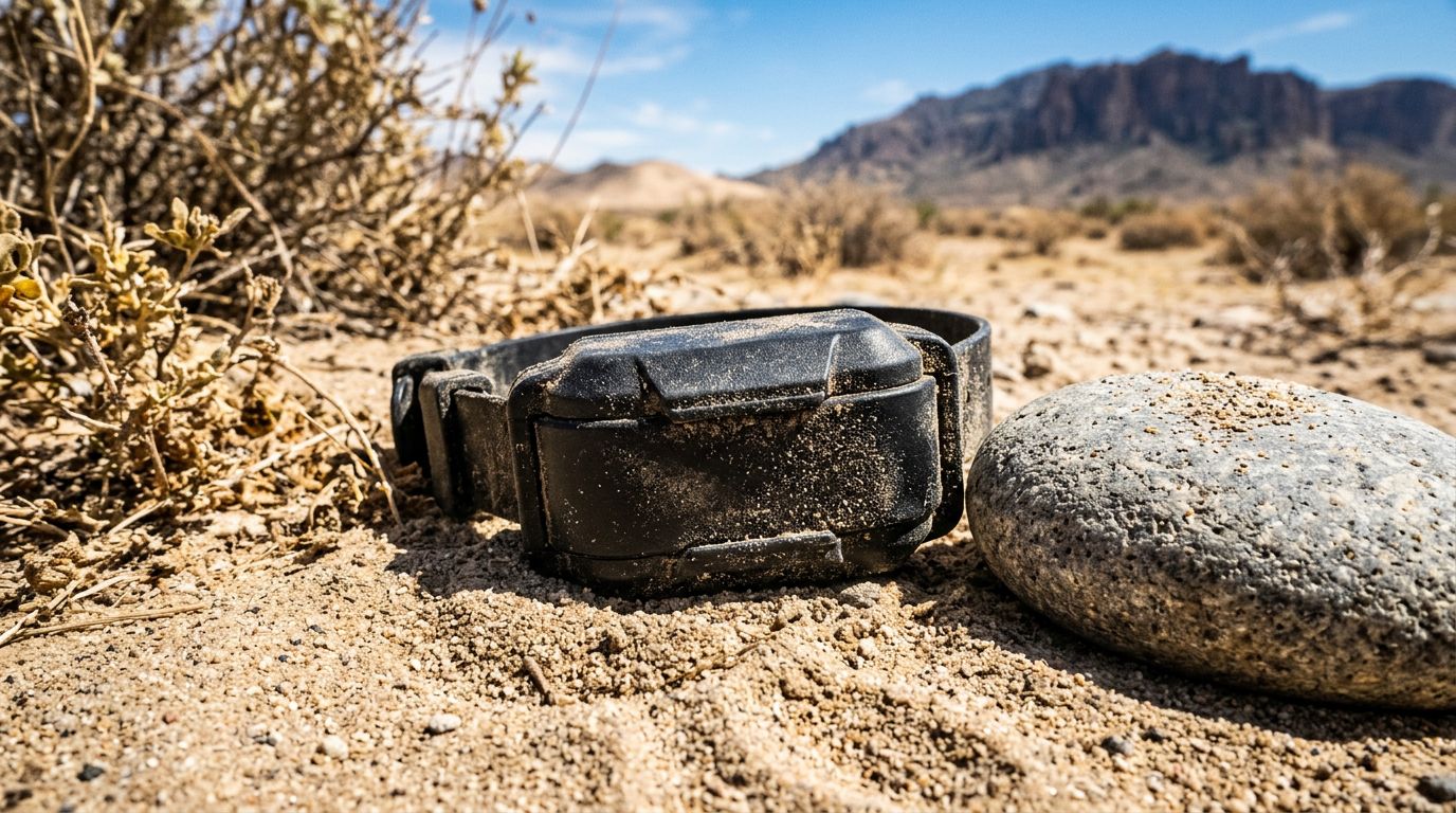 Golden Retriever exploring the desert with smart pet technology