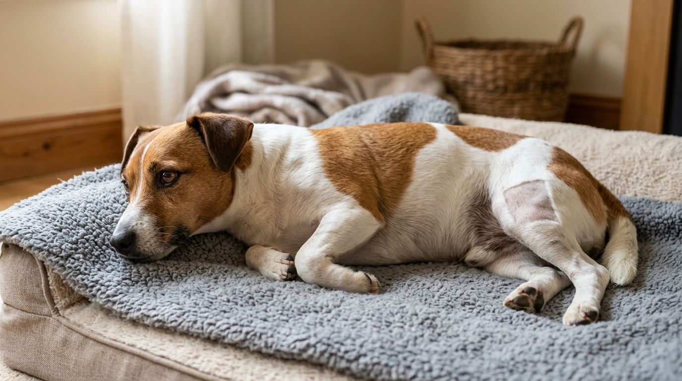 Dog resting comfortably on a soft bed during recovery from a leg injury.